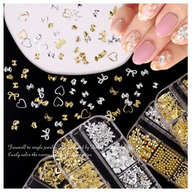 4 Boxen Nagelkunst Dekorations,Gold Silber Stern Schleifen Nail Charms,Halbrunde Perlen Nägel Strasssteine, Pailletten, AB Kristall Strasssteine,mit Pinzette und Stift für Nagel Bekleidung DIY