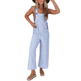 PRETTYGARDEN Summer Outfits For Women Striped Overall Jumpsuits 2024 Casual Wide Leg Strap Overalls Jumpers Button Lounge Clothing (Blue Striped,M)