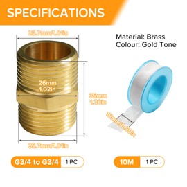 Lyeteung 1 PC G3/4 Male to G3/4 Male, Thread Brass Hex Nipple Connector, Straight Pipe Hex Fitting, with Plumbers Tape, for Pipe Connection