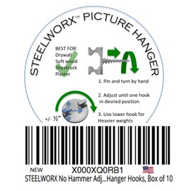 STEELWORX No Hammer Adjustable Stainless Steel Picture Hanger Hooks, box of 10