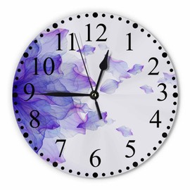 KEEPSUPER White Purple Floral Wall Clock Flower Leaf Swirl Clock 10 Inch Silent Non-Ticking Clocks Battery Operated for Home Living Laundry Room Kitchen Bedroom Office