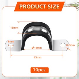 Jeboler Pipe Strap Clamp Ø 16 mm, 10Pcs Saddle Clips mit Rubber Cushioned, 304 Stainless Steel U Pipe Clips Rigid Conduits Clip, 2 Holes U Shaped Brackets Insulated Tube Clamp for Pipe Fixing