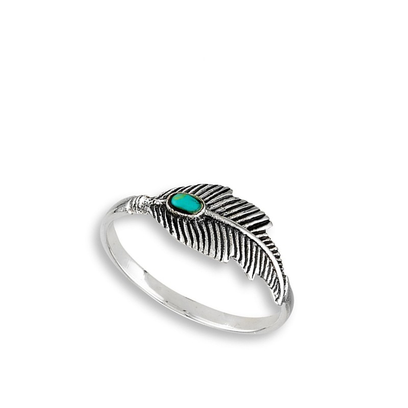 Simulated Turquoise Oxidized Feather Ring .925 Sterling Silver Tree Leaf