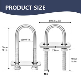 SRZTXU 8 Sets M8 U-Bolts,u-Bolts 1" (25mm) Wide,304 Stainless Steel u-Bolts,with Nuts,Bolt Plate and washers (8, M8 x 25mm x 70mm)