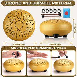 Facmogu 6 Inches 11 Notes Steel Tongue Drum, Handpan Drum Sound Healing Instruments for Meditation, Musical Education, Yoga, Zen, Hand Drum with Bag Mallets Finger Picks Music Book Stickers - Gold