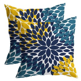 Kawani Navy Blue Yellow Pillow Covers 18X18 Teal Yellow Dahlias Flowers Throw Pillow Modern Farmhouse Rustic Pillow Cases Set of 2 Home Decor for Living Room Bedroom Couch Cushion Outdoor