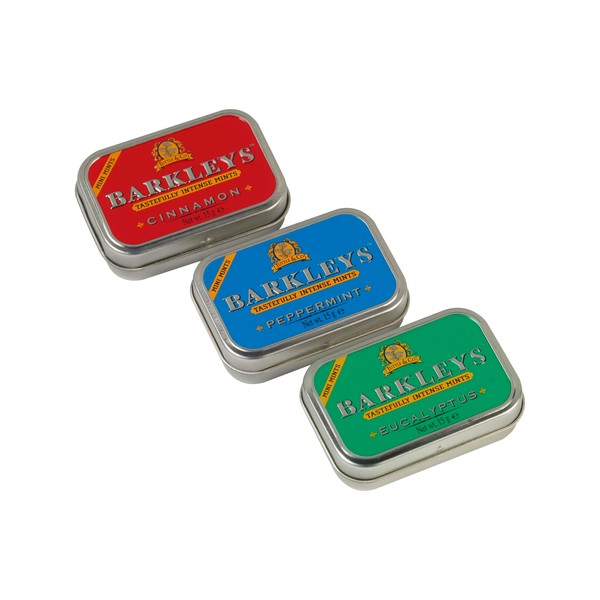 Barkleys Assorted Breath Mini Mints - 3 Strong Flavors, Peppermint Cinnamon and Eucalyptus Cool Mint Candy For Party, After Dinner, Wedding, Every Day Use - Vegan Breath Freshener In Reusable Classic Mini Travel Tins - 15gr, 3-pack