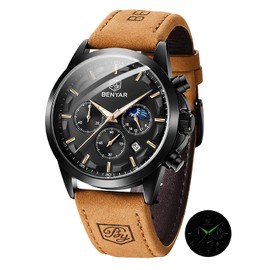 Benyar Watches Men's Chronograph Men's Watch 30 m Waterproof Analogue Quartz Watch Men's Business Calendar Sports Watch Gift for Men, Black Black, Strap.