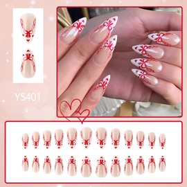 Press on Almond Nails Medium Glossy Full Cover Almond French False Nails with Heart Designs Artificial Almond Shaped Fake Nails Glue Stick ons Fingernails for Women Girls(YS401)