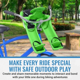 iBert Front Mounted Child Seat - Green - Comfortable Child’s Bike Seat for Sunny and Rainy Days - Baby’s Bike Seat with a Secure Harness and Height Adjustable Foot Cups for Family Biking Adventures.