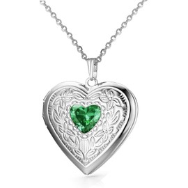 Birthstones Locket Necklace that Holds Pictures Love Heart Photo Locket Crystals Necklace Pendant Birthday Gifts (May)