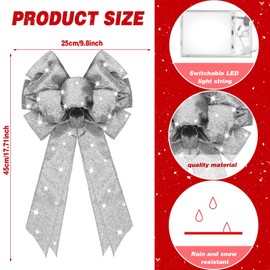 Giegxin 4 Pcs Christmas LED Wreath Bow Xmas Wreath Burlap Bow LED Lights Bow Winter Door Wall Decor Christmas Tree Topper for Indoor Outdoor Winter Xmas Decoration, 18 x 10 Inch (Silver)