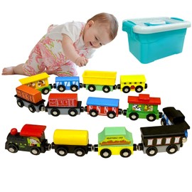 ALEENFOON 13 PCS Magnetic Wooden Train Set Toys, Engines Cars Vehicles Train Kids Toys Montessori Toys Educational Toys for Kids Toddler Boys Girls Gifts for Easter Birthday Christmas