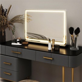 Vynxaria 13"×17" Vanity Mirror with LED Lights - Dimmable 3 Color Modes, Touch Control, Aluminum Alloy Frame, White Square Desk Makeup Mirror