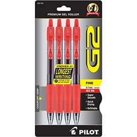Bolgrafos Pilot G2 Premium de Gel, Punta Fina de 0.7 mm, Lpices Rojos, Paquete de 4 - Ideal para Escuela, Diario y Escritura en la Oficina            