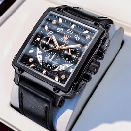 OLEVS Men's Watches Leather Strap Chronograph Japanese Quartz Men's Watch with Date Waterproof Classic Elegant Wrist Watch Men's Gift, 9919 Black Leather, Black Chrome Plating, Black, Strap.