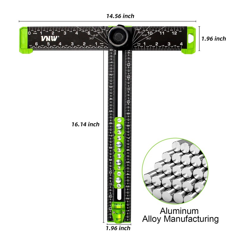 VNW 16Inch Adjustable Aluminum Drilling Positioning Ruler,Multifunction T-Square, Marking Gauge