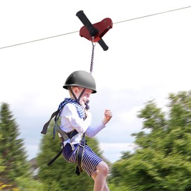 LIYUANJUN 120FT Zip Line Kit, Stainless Steel Spring Brake Zipline Kit with Rubber Heads&Safety Belt&2 Pair Gloves&2 Tree Protection Mats Park Backyard Zipline 330lbs Max Adjustable Helmet