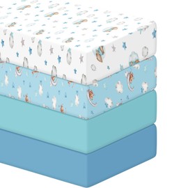 Menkxi 4 Pcs Baby Crib Sheets Blue Bear Fitted Crib Sheet Crib Mattress Unisex Soft and Breathable Crib Sheets Neutral Baby Sheets for Crib for Baby Girl and Baby Boys Gifts, 28 x 52 x 8 Inches