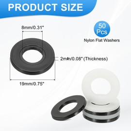 MECCANIXITY Nylon Flat Washers, M8 x 8mm ID x 19mm OD Round Flat Plain Washer Plastic Gasket Fastener for Household Faucet Pipe Water Hose, Black, Pack of 50