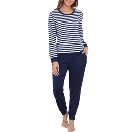 Wikoan Women Pyjamas Set Cotton Soft Pj's Sets Long Sleeve Striped Top and Solid Pants Sleepwear with Pockets Drawstring,Navy Blue,XXL