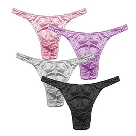 MIERSIDE Men's Satin Stretch Support Wide Waistband Satin Brief G-string 4pecs/pack (L, Style 6 G-string)