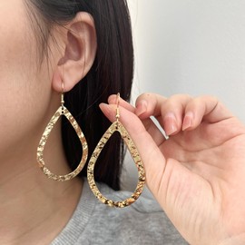 14K Gold Hammered Textured Large Teardrop Hoop Dangling Earrings for Women Bohemian Boho Statement Jewelry