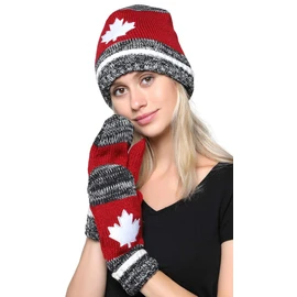 Belle Dame Maple Leaf Canadian Themed Winter Beanie Hat Mittens Gloves Set Warm Knit with Fleece Lined (HT501/GL501)