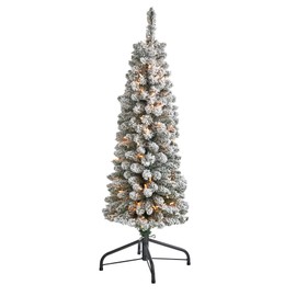 Nearly Natural 4ft. Flocked Pencil Artificial Christmas Tree with 100 Clear Lights and 216 Bendable Branches