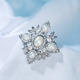 EVER FAITH Austrian Crystal Oval Simulated Pearl Wedding Chunky Flower Brooch Clear Silver-Tone