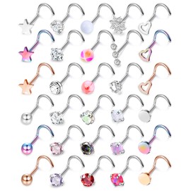 MILACOLATO 30Pcs Nose Rings Studs for Women Men 316L Stainless Steel Nose Piercings Jewelry 18G 20G Straight L Shaped Corkscrew Nose Rings Cubic Zirconia Opal Nose Studs Hypoallergenic S 20G