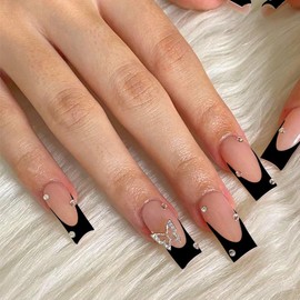 Black French Tip Press on Nails Square Medium Fake Nails with Butterfly Charm Rhinestones Designs Acrylic Artificial Nails Pink Full Cover Glue on Nails Glossy Stick on Nails for Women and Girls 24Pcs
