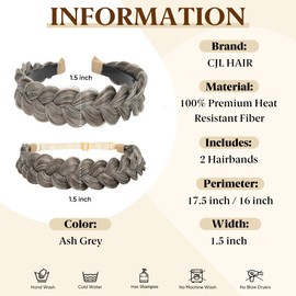 CJL HAIR 2PCs Braided Headbands Hair Piece for Women Synthetic Hair Hoops Head Bands Handmade Braid Hairband Accessories Elastic Stretch Headwrap for Girl Ash Grey