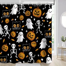 Cnayuep - Cortina de ducha de Halloween, cortinas de ducha de otoño negro para baño, esqueletos de terror de Halloween, juego de cortinas de ducha fantasma para decoración de baño, cortina de baño