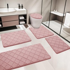 YIHOUSE Pink Bathroom Rugs Set 5 Piece, Soft Non Slip Memory Foam Bath Mat, Machine Wash Bathroom Mat Set, Water Absorbent Bath Mats for Toilet and Floor (Pink)