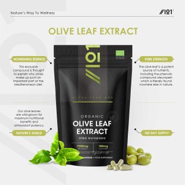Organic Olive Leaf Extract Capsules 7500mg - 20% Oleuropein – 120 Vegan Capsules - Resealable and Recyclable Pouch by Alpha01