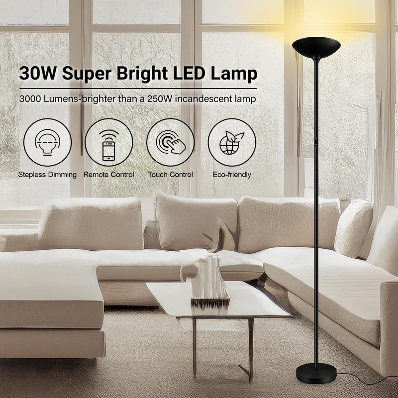 BoostArea Dimmable Floor Lamp,30W 3000LM Super Bright LED Torchiere Standing