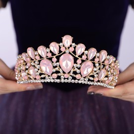 Teyglen Pink Crystal Queen Crown Headband Rhinestone Princess Tiara for Women Brithday Pageant Party Prom Bridal Wedding Tiara and Crown Quinceanera Costume Headpiece (Pink)