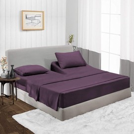 800 Thread Count, 100% Egyptian Cotton, 4 PC Split Head Flex Sheet Set, 30" Split From the Top, Soft Satin Weave, 25" EXTRA DEEP POCKET (Split Head California King- 30" Split, Plum)