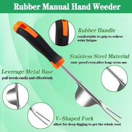 Weeder Stainless Steel, Pack of 2 Hand Weed Remover Device, Stainless Steel, Root Weeder with Handle, Garden Hand Weeder Manual Weeder Gardening for Digging, Weeding, Transplanting, Uprooting