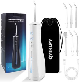 QYIKLPY Irrigador bucal de agua,limpiador dental con 5 modos y 6 boquillas,water flosser carga Type-C,300 ml portátil inalámbrico,IPX7 impermeable,Apto para varios miembros de la familia,viaje y ducha(Blanco)