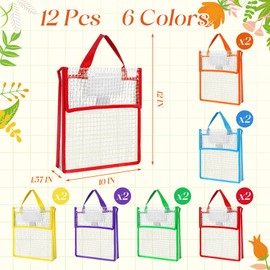 Teling 12 Pack Thick Mesh Clear Book Pouches for Classroom 10 x 12 x 1.57" Waterproof Library Pocket with 24 Blank Name Card Plastic Book Bag for Classroom School Student Office Organizer Supplies