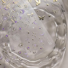 Star Moon Nail Art Stickers Golden 5D Embossed Star Nail Decals 1PCS Purple Gold Star Sun Moon Luxury Design Self-Adhesive Nail Stickers Designer Nail Decals for Acrylic Nails DIY Manicure Decorations