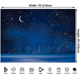 7x5ft Blue Night Sky Backdrop Winter Night Snowfall Snowflake Photography Background Starry Sky Moon Blurry Fir Trees Pine Forest Background Kids Children Party Banner Photo Booth Backdrop