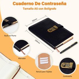 Libreta de notas con Candado, Diario de A5 200 hojas PU, libretas lineal viene con bolígrafo, cuaderno de notas, cuadernos escolares negocios oficina, Journal notebook, Negro