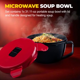 MATICAN Microwave Soup Bowl with Lid, Soup Mug with Lid, Microwave Containers for Ramen Noodles, Soup, Beverages, 31.11 Ounces, Red, Black