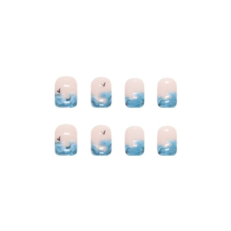 Pikabows Press On Nails Short Square Blue Wave Fake Nails