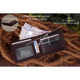 WOODBRIDGE Men's Bifold Genuine Leather Wallet | RFID Blocking | Id Window | Wide Zip Coin Pocket | with Box (Brown Oily)