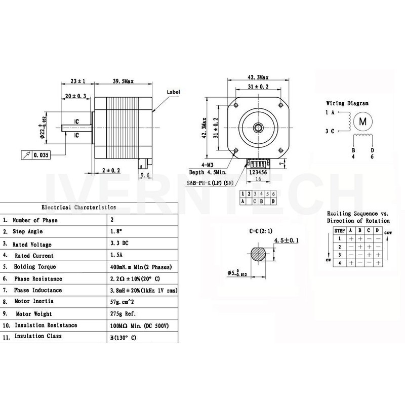 Iverntech Nema 17 Stepper Motor 42x40mm Body Bipolar 1.5A 400mN.m