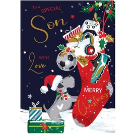 Son Christmas Card - Special Son - Christmas Stocking and Dog - Artistic Festive Design - Special Finishes and Illustrated Insert Leaf - Made in the UK